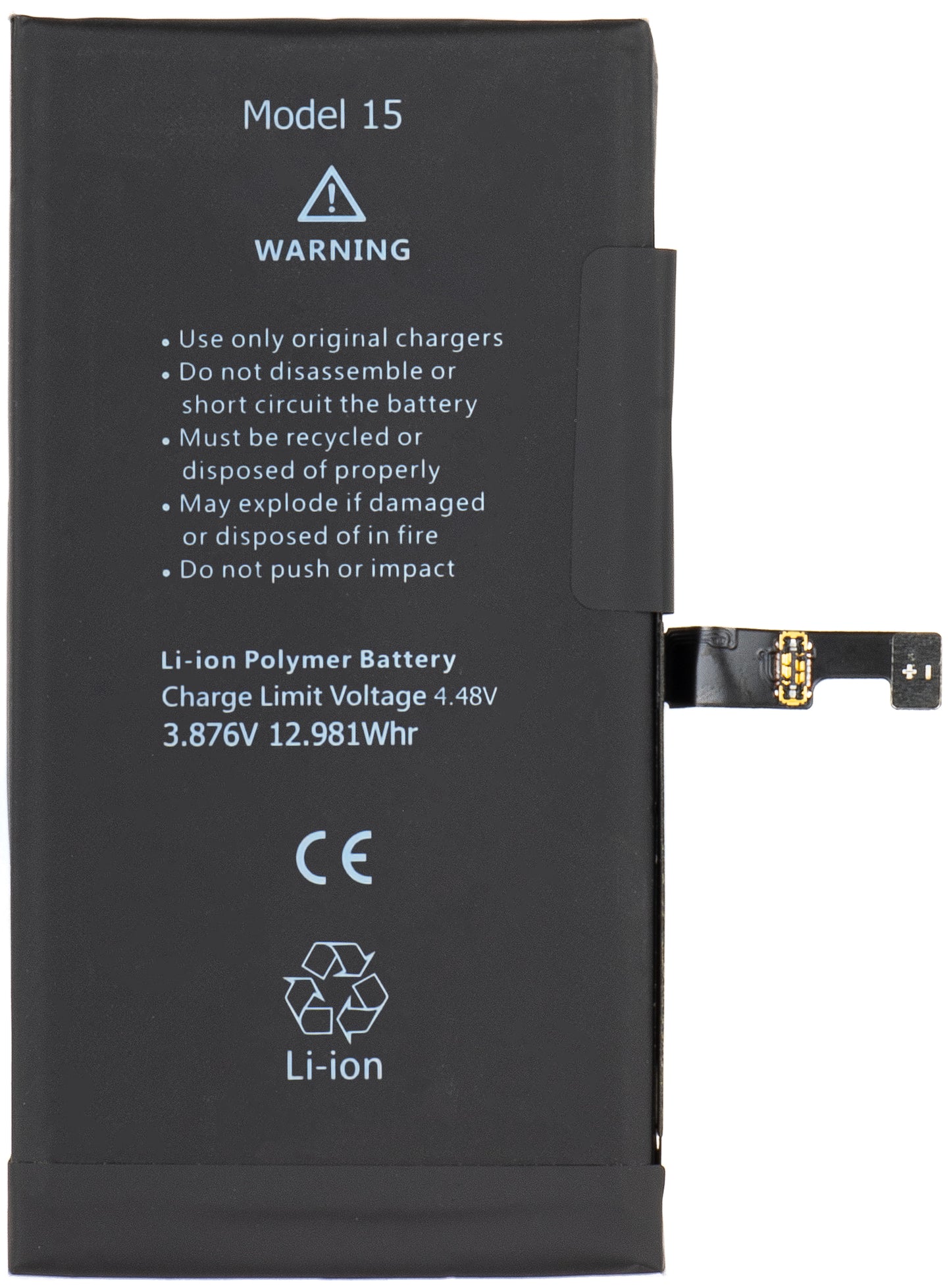 Apple iPhone 15-batteri, med integrert Flex BMS-bånd (krever ikke lodding av kontakter)