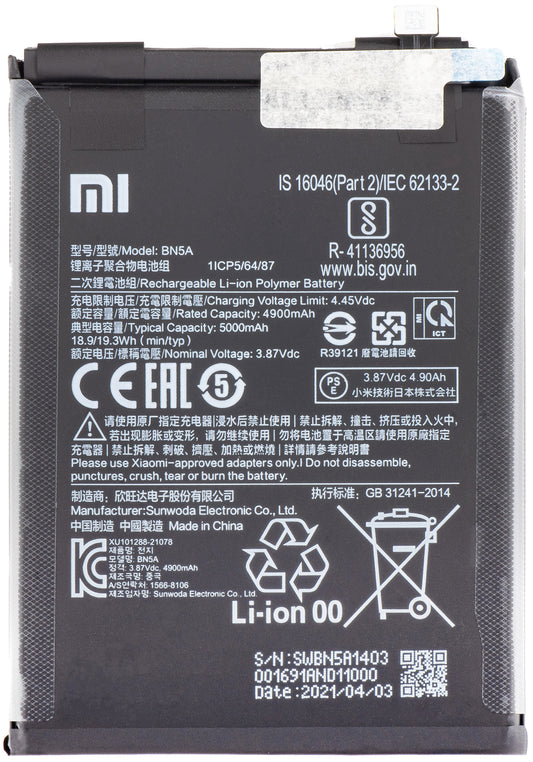 Batteri Xiaomi Redmi 10 2022 / Note 10T 5G / 10 (2021) / Note 10 5G / Poco M3 Pro 5G, BN5A, Servicepakke 460200006L55Z 