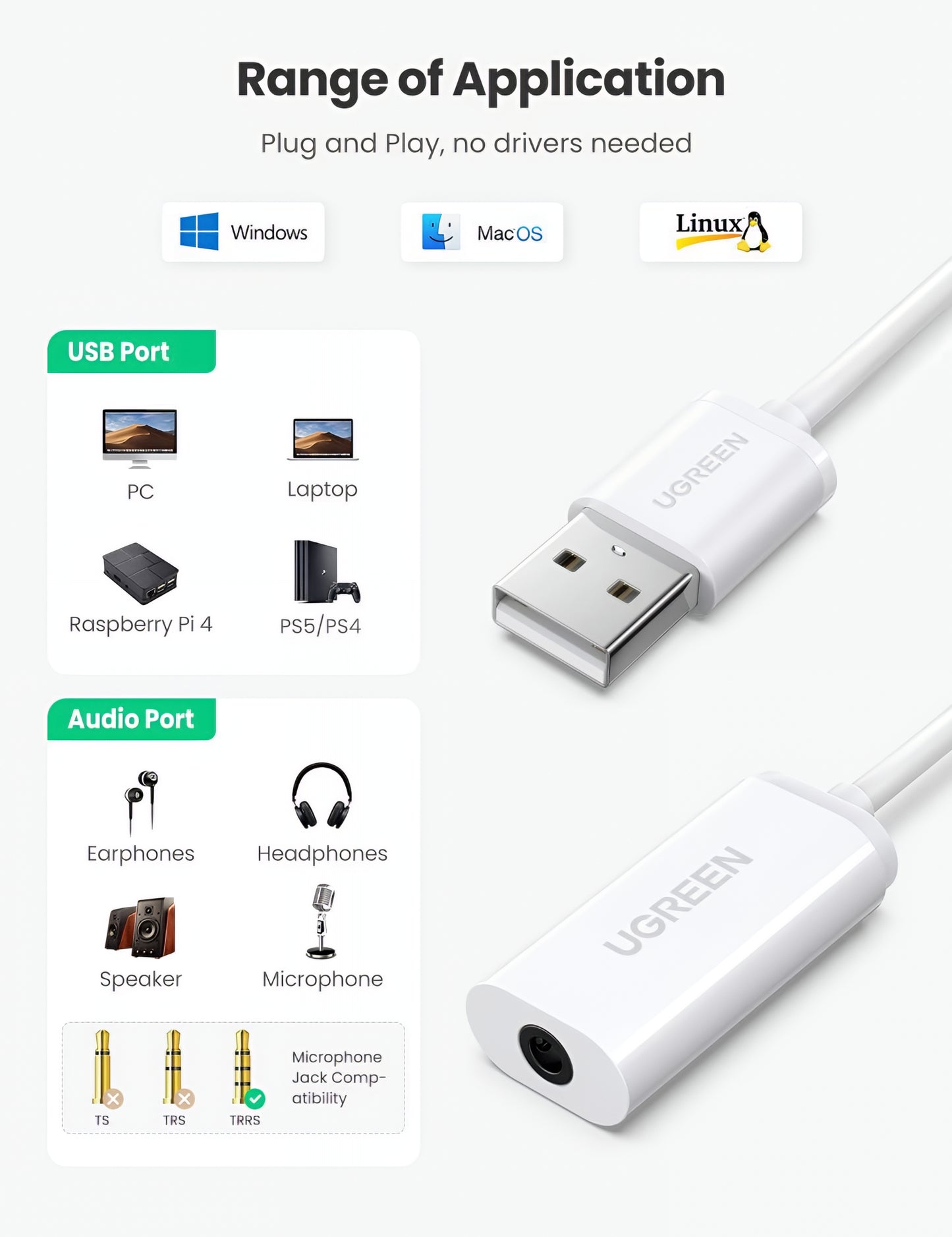 UGREEN US206 lydadapter, USB-A - 3,5 mm, Hvit