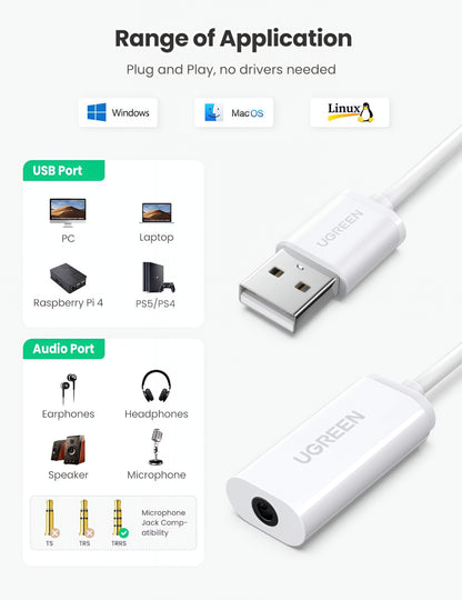 UGREEN US206 lydadapter, USB-A - 3,5 mm, Hvit