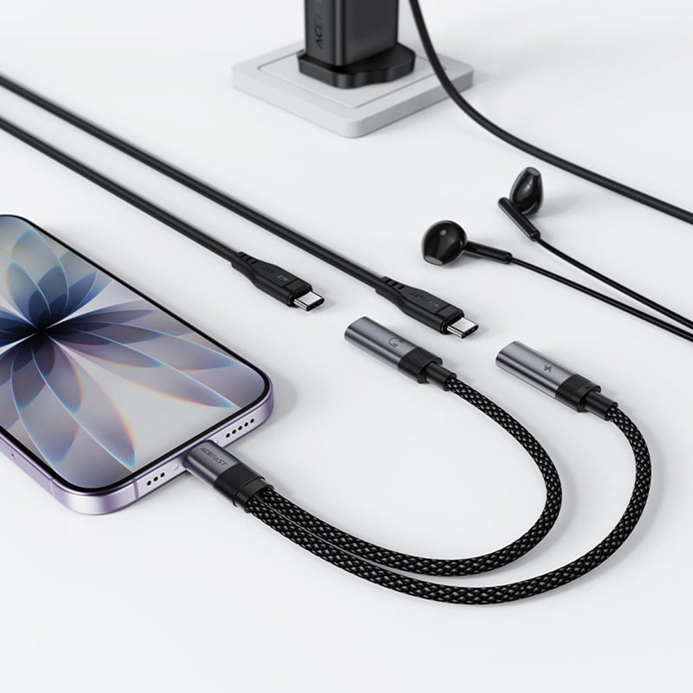 USB-C lydadapter - 2 x USB-C Acefast J14, Svart