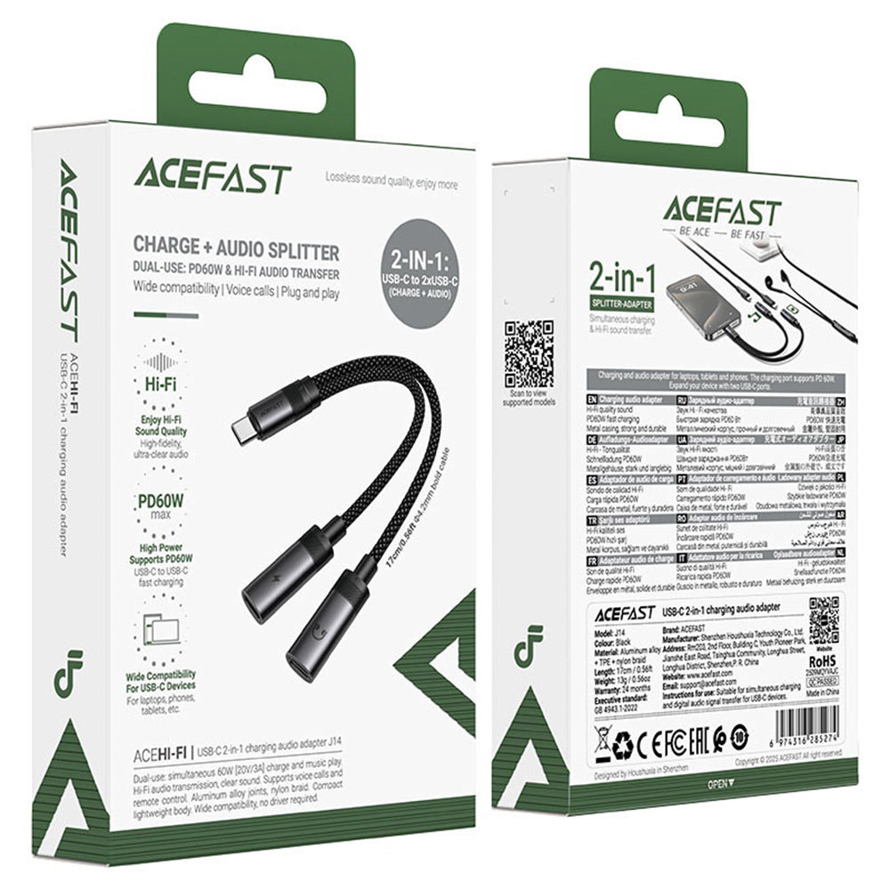 USB-C lydadapter - 2 x USB-C Acefast J14, Svart