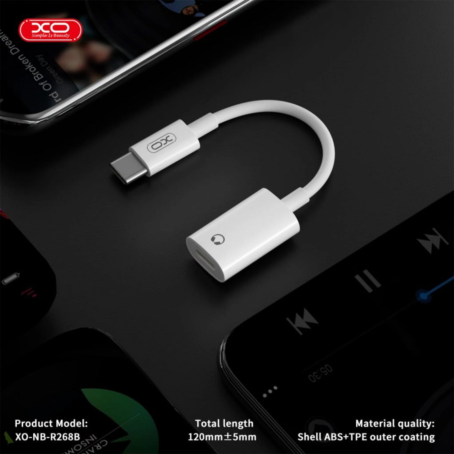 Audioadapter USB-C - Lightning XO Design NB-R268B, Hvit