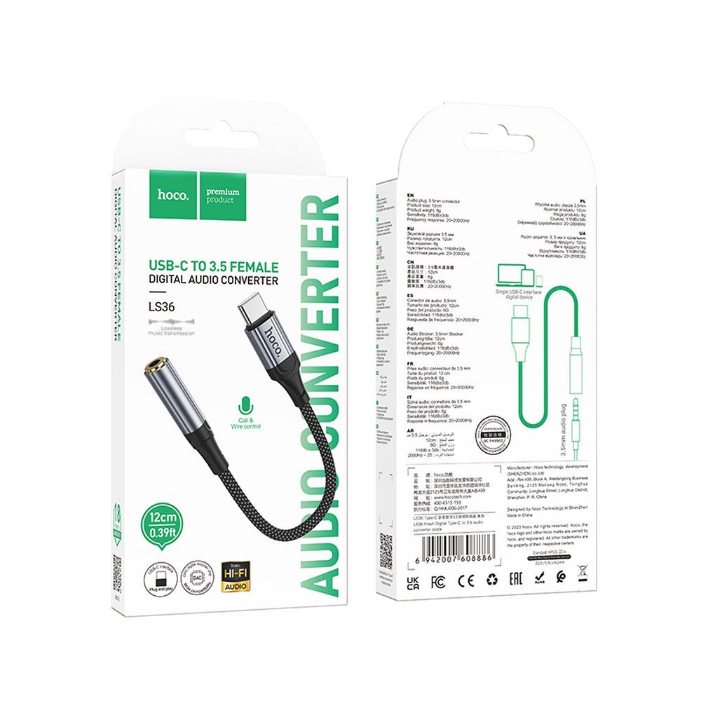 Audioadapter USB-C - 3.5mm HOCO LS36, Grå