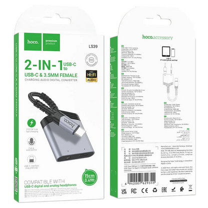 Audioadapter USB-C - USB-C / 3.5mm HOCO LS39, Svart
