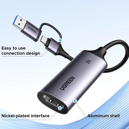 Audio- og videoadapter USB-A / USB-C - HDMI UGREEN CM629 (15389), Grå