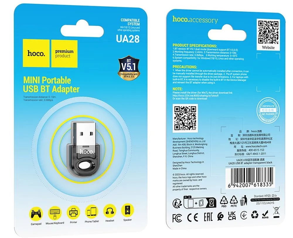 Bluetooth USB-adapter HOCO UA28, Svart