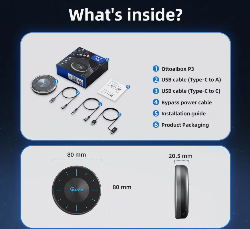 Trådløs Carplay / Android Auto-adapter Ottocast OttoAibox P3 for Apple iPhone / Android Series PCS46