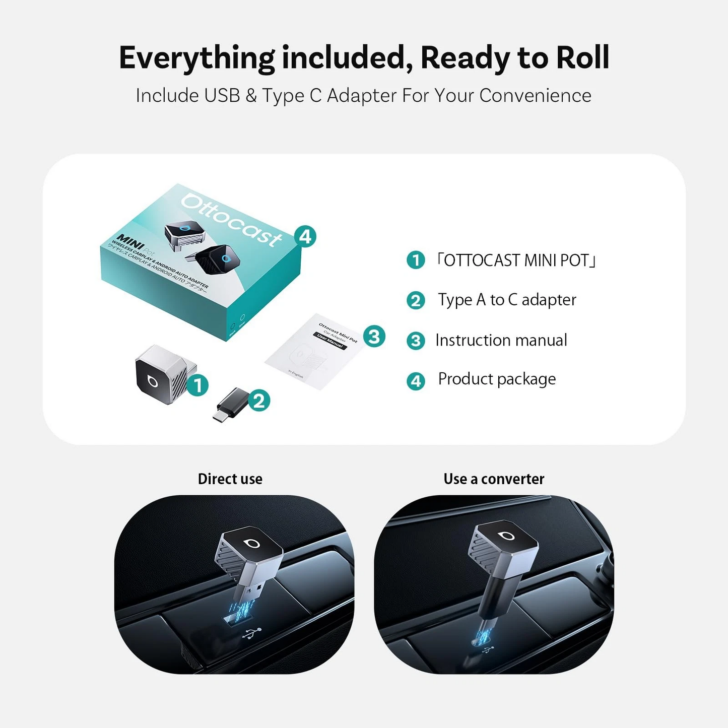 Trådløs Carplay / Android Auto-adapter Ottocast Mini Cube Style C for Apple iPhone / Android-serien CP88-T3