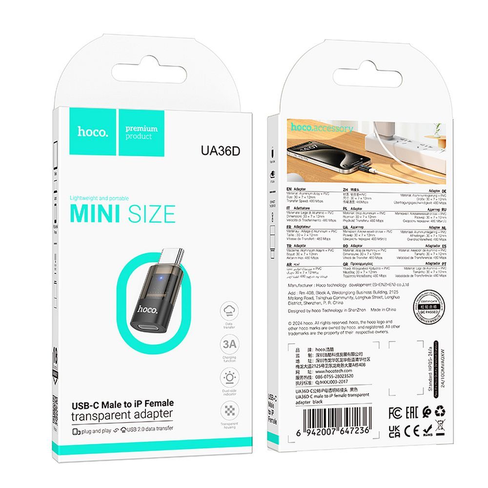 Adapter for Data og Lading Lightning - USB-C HOCO UA36D, Svart