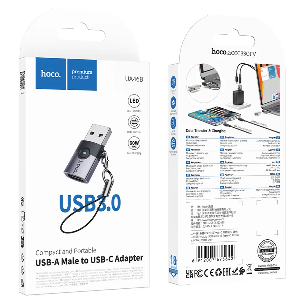 USB-C til USB-A data- og ladeadapter HOCO UA46B, grå