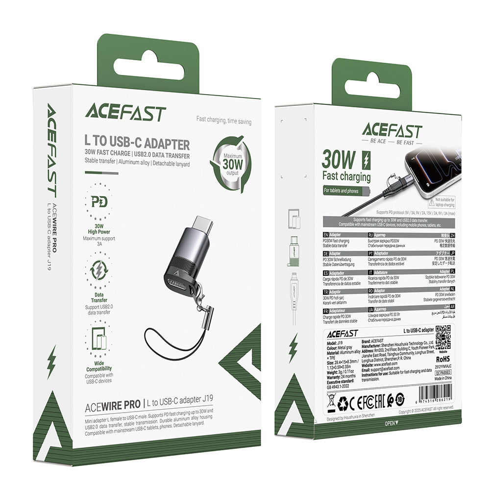 Adapter for Data og Lading Lightning - USB-C Acefast J19, Grå