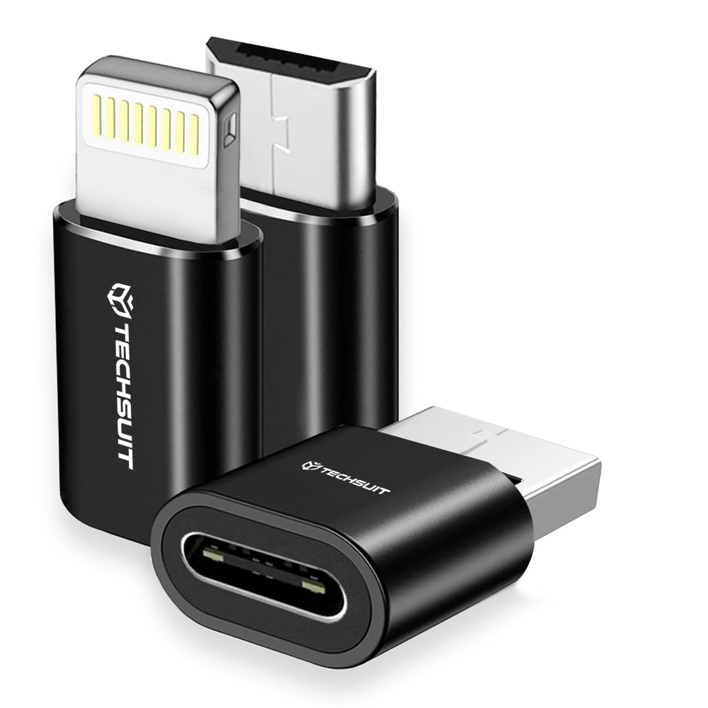 Adapter for Data og Lading USB-C - Lightning / microUSB / USB-A Techsuit A19 TriFlashX 3in1, Svart