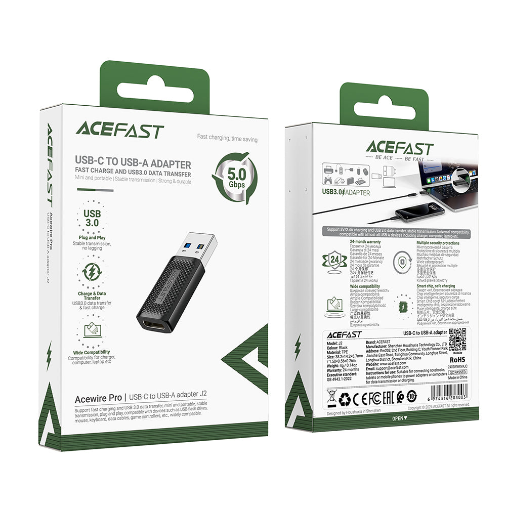 Adapter for Data og Lading USB-C - USB-A Acefast J2, Svart