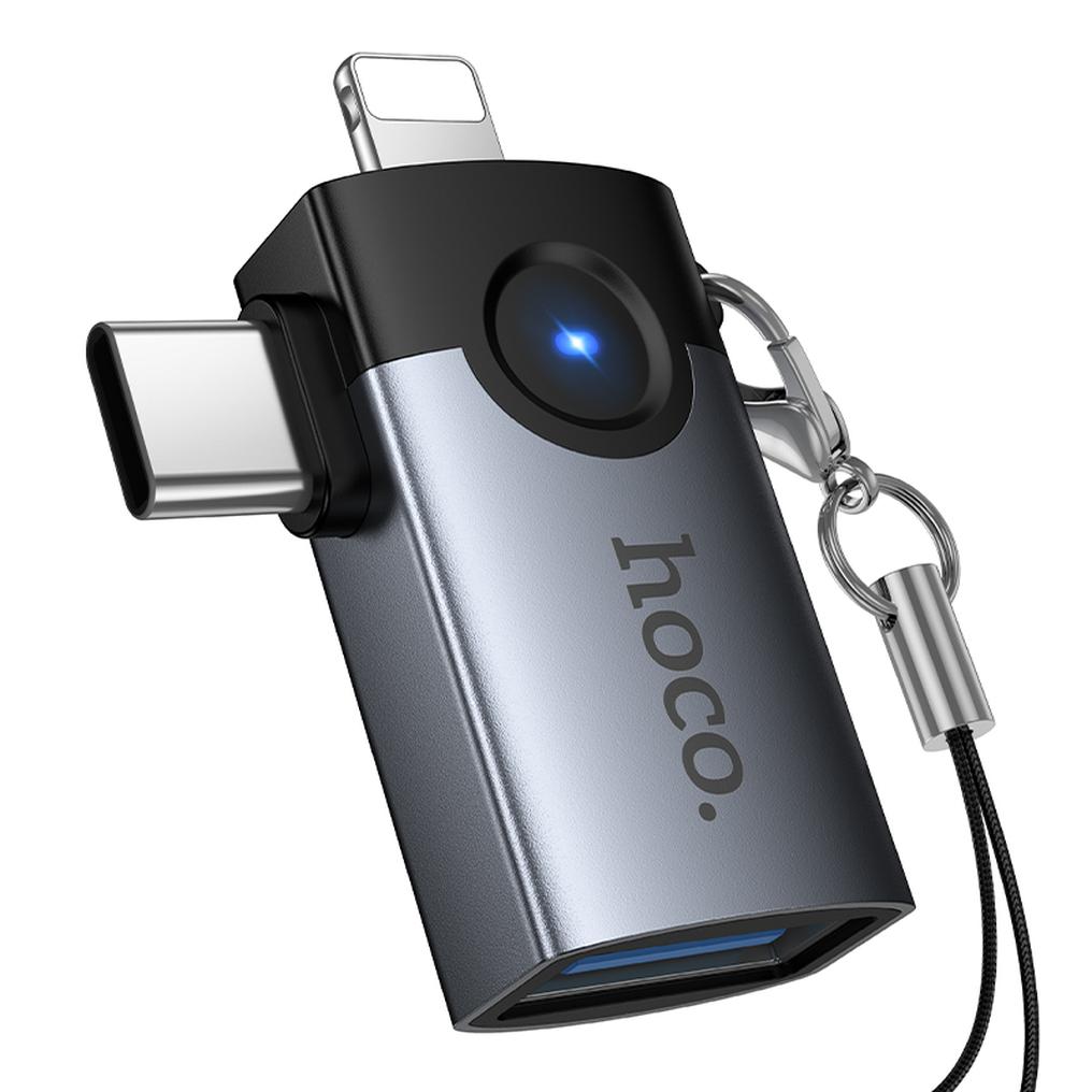 OTG-adapter Lightning / USB-C - USB-A HOCO UA46D, Grå