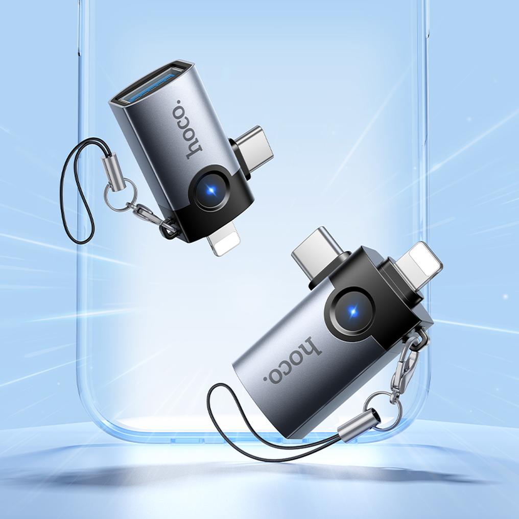 OTG-adapter Lightning / USB-C - USB-A HOCO UA46D, Grå