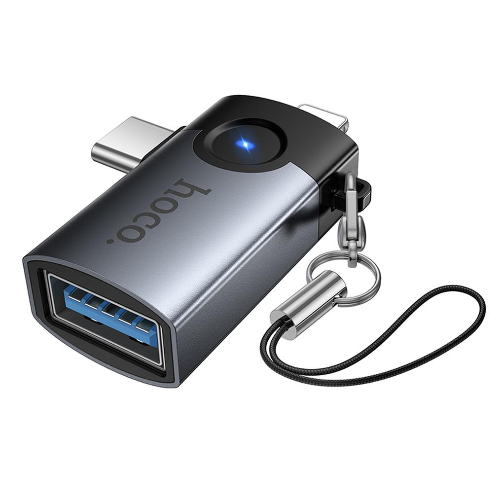 OTG-adapter Lightning / USB-C - USB-A HOCO UA46D, Grå