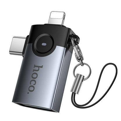 OTG-adapter Lightning / USB-C - USB-A HOCO UA46D, Grå