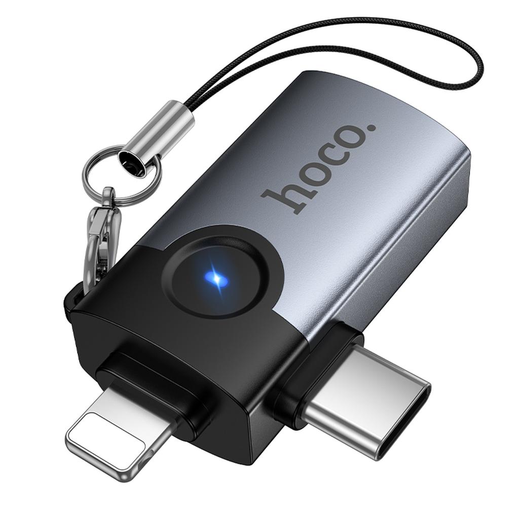 OTG-adapter Lightning / USB-C - USB-A HOCO UA46D, Grå