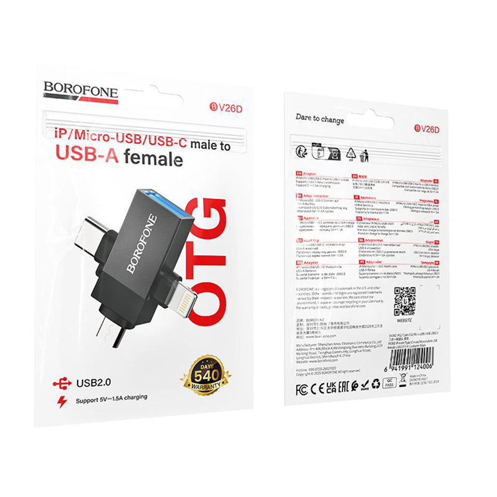 OTG-adapter Lightning / microUSB / USB-C - USB-A Borofone BV26D, Svart