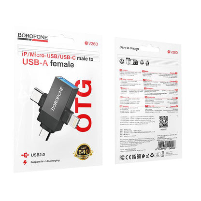 OTG-adapter Lightning / microUSB / USB-C - USB-A Borofone BV26D, Svart