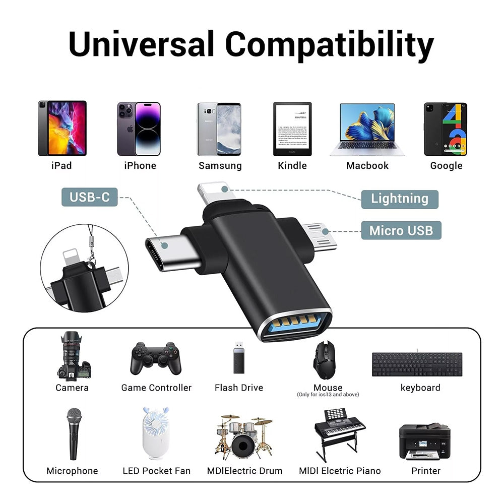 OTG-adapter Lightning / microUSB / USB-C - USB-A Techsuit A17 SoundVoltX, Svart