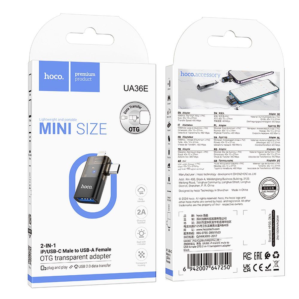 OTG-adapter Lightning / USB-C - USB-A HOCO UA36E, Svart