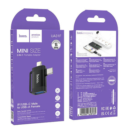 OTG-adapter USB-C / Lightning - USB-A HOCO UA31F, Svart