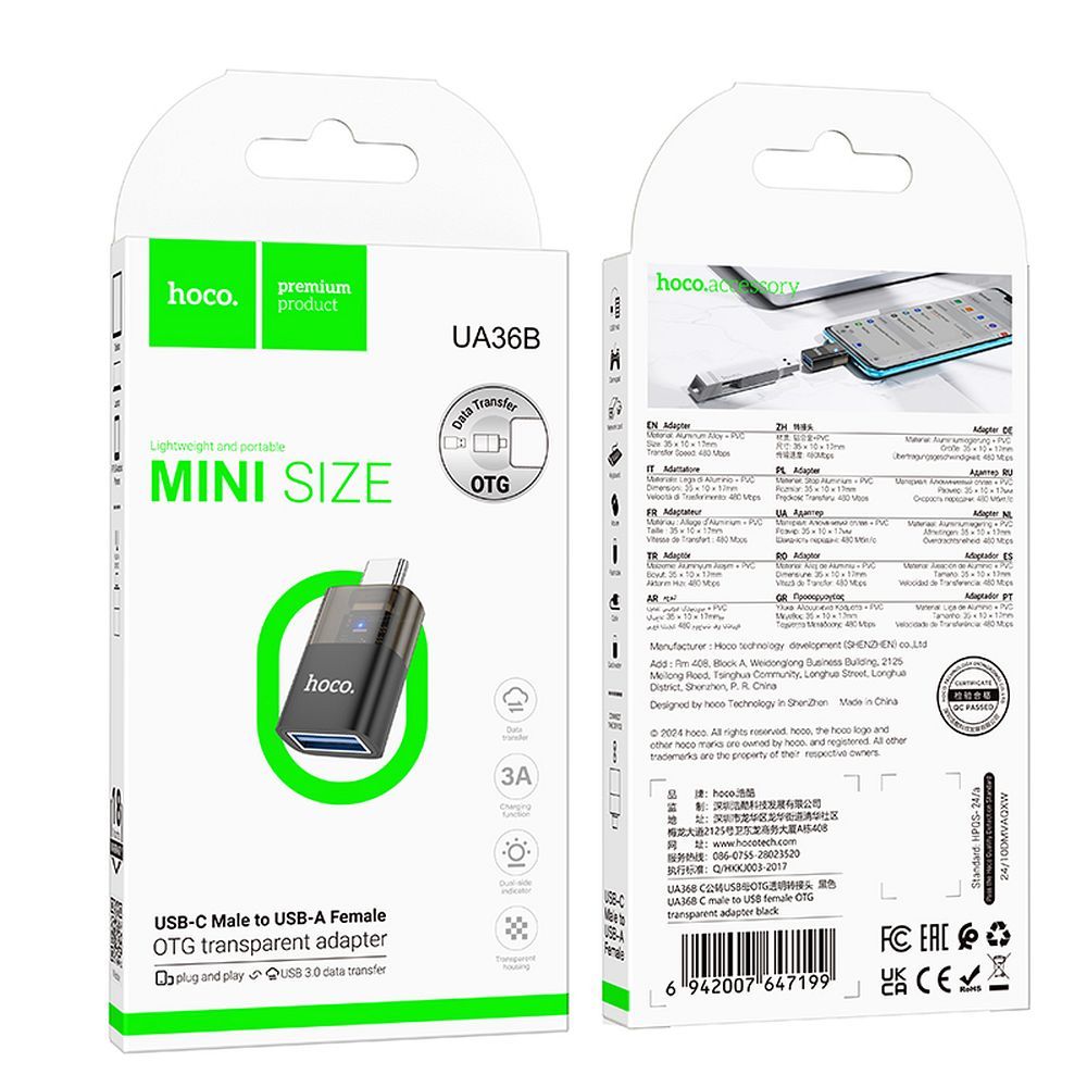 OTG-adapter USB-C - USB-A HOCO UA36B, Svart