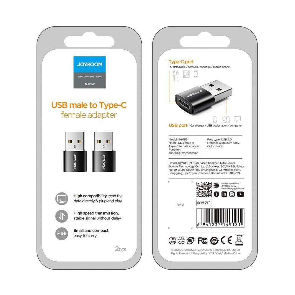 Adapter for Data and Charging USB-C - USB-A Joyroom S-H152, Set of 2 Pieces, Black