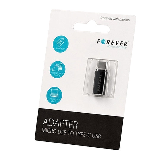 Data- og ladeadapter microUSB - USB-C Forever, svart