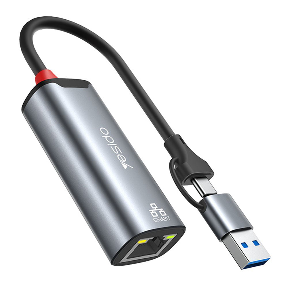 Nettverksadapter Yesido HB26, RJ45, USB / USB-C, Grå