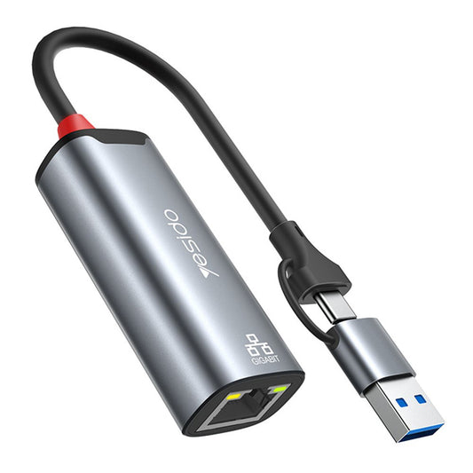 Nettverksadapter Yesido HB26, RJ45, USB / USB-C, Grå