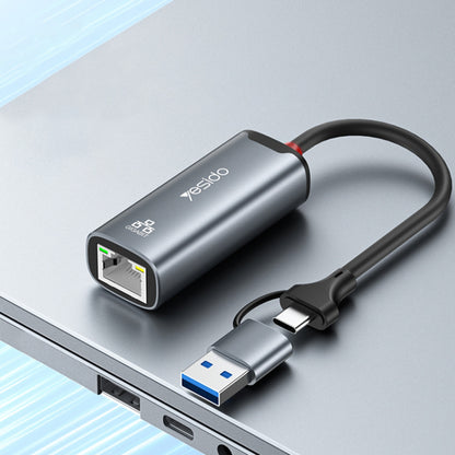 Nettverksadapter Yesido HB26, RJ45, USB / USB-C, Grå