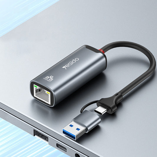 Nettverksadapter Yesido HB26, RJ45, USB / USB-C, Grå