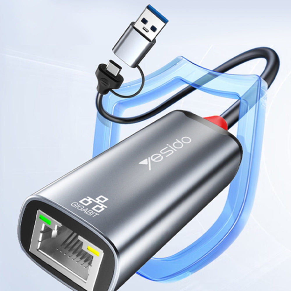 Nettverksadapter Yesido HB26, RJ45, USB / USB-C, Grå