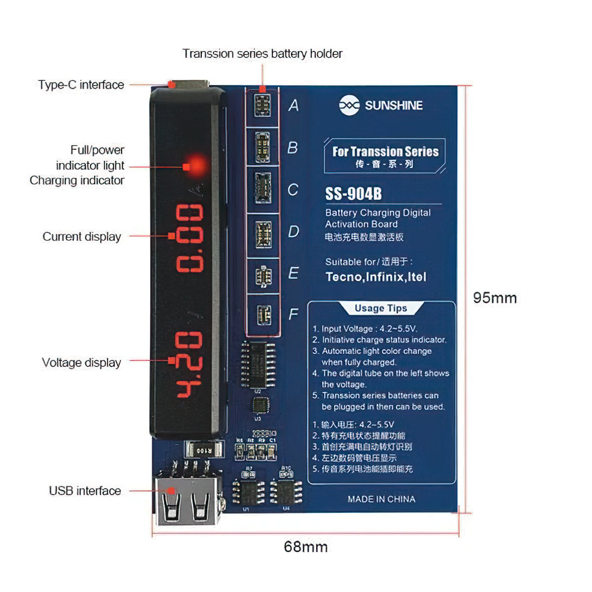 Sunshine SS-904B strømforsyning for TECNO / Infinix / Itel Series, 2in1