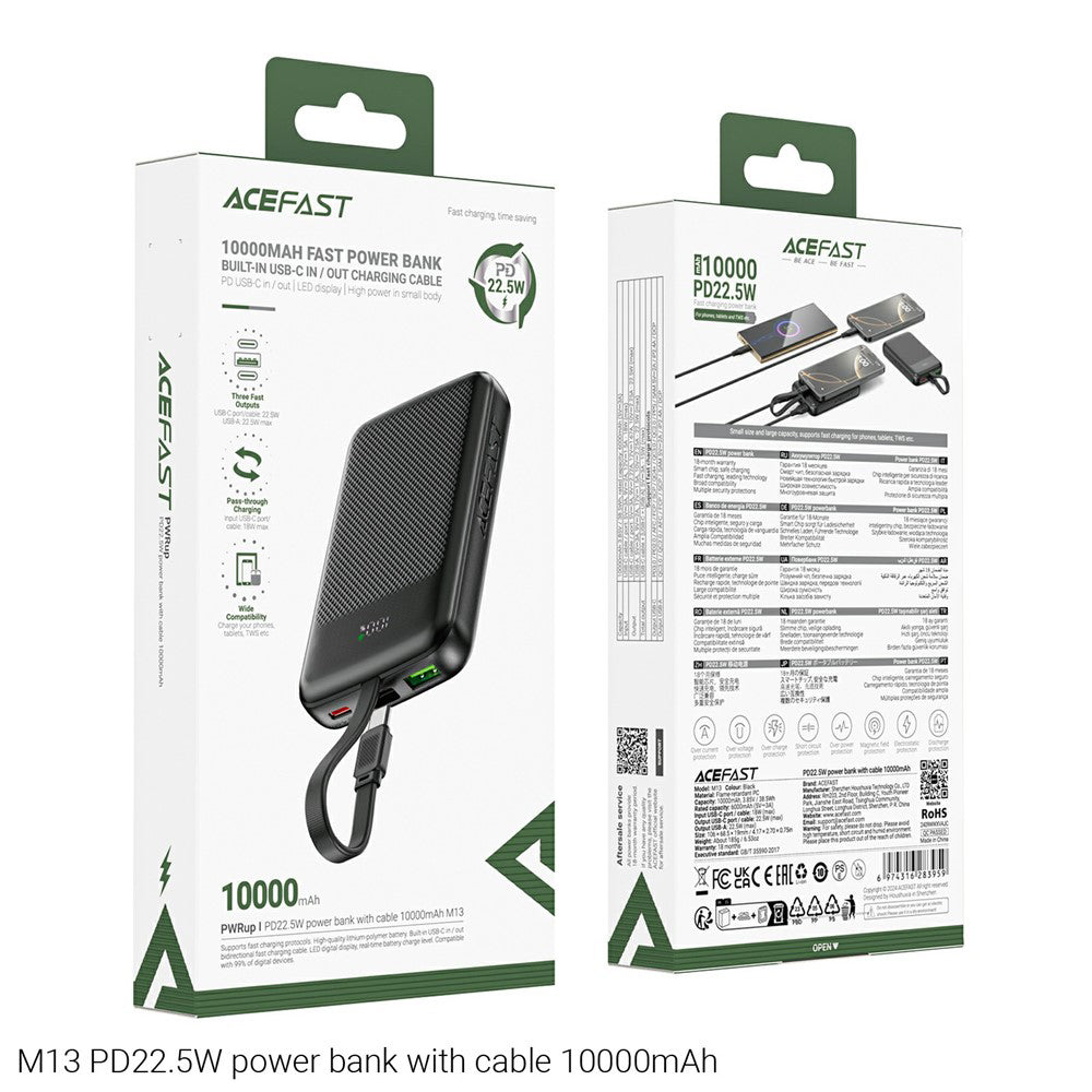 Ekstern batteri Acefast M13, 10000mAh, 22.5W, QC + PD, 1 x USB-A - 2 x USB-C, Svart