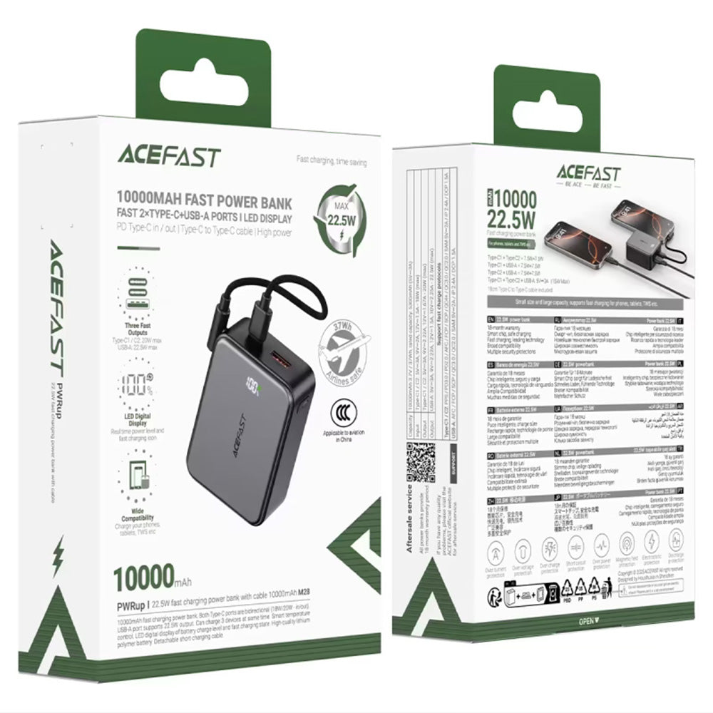 Ekstern batteri Acefast M28, 10000mAh, 22.5W, QC + PD, 1 x USB-A - 2 x USB-C, Svart