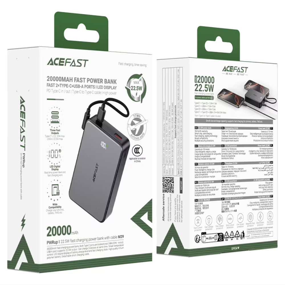 Ekstern batteri Acefast M29, 20000mAh, 22.5W, QC + PD, 1 x USB-A - 2 x USB-C, Svart