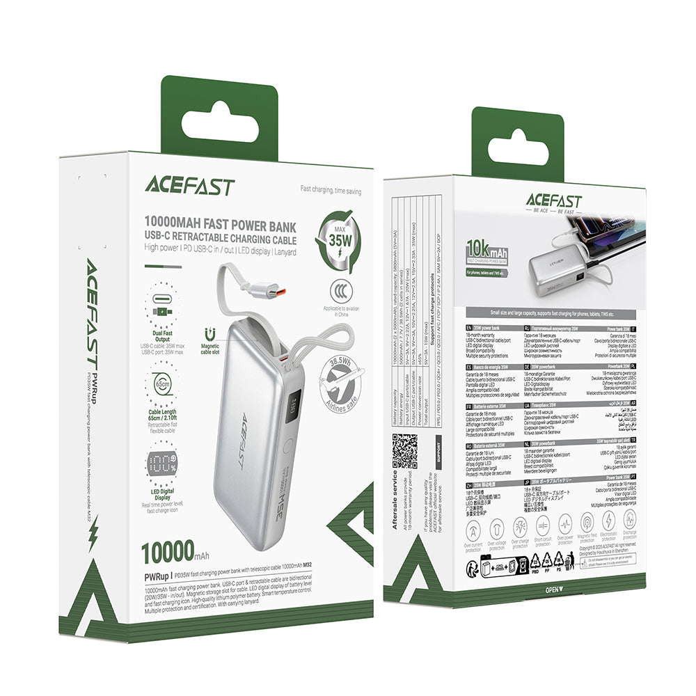 Ekstern batteri Acefast M32, 10000mAh, 35W, PD, 2 x USB-C, Sølv