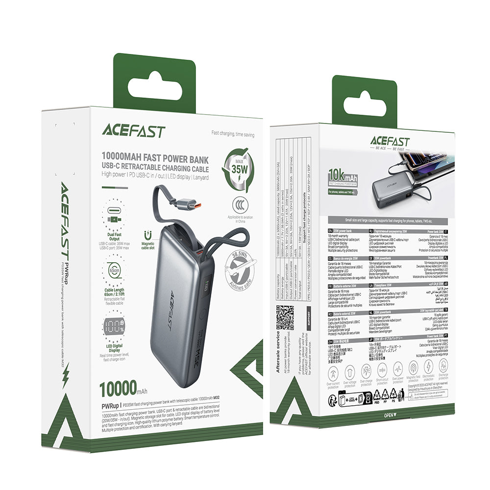Ekstern batteri Acefast M32, 10000mAh, 35W, PD, 2 x USB-C, Grå