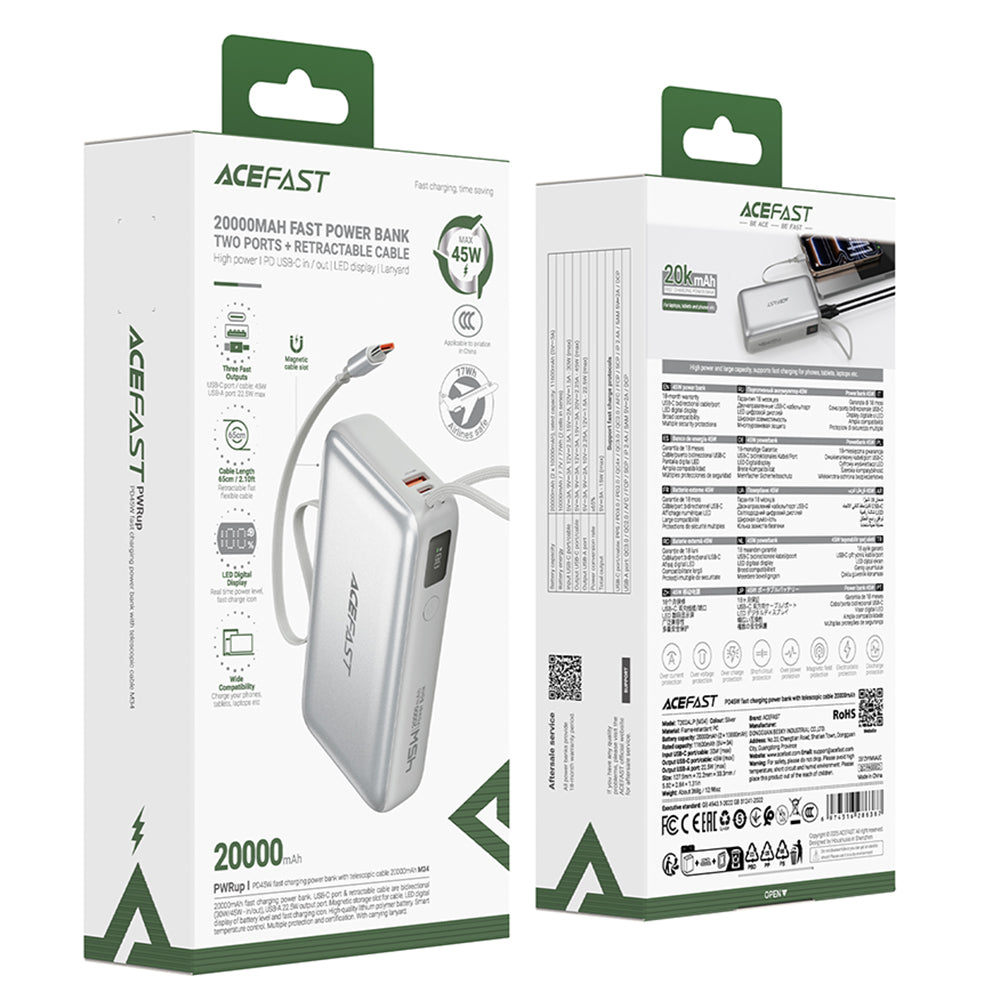 Ekstern batteri Acefast M34, 20000mAh, 45W, QC + PD, 1 x USB-A - 2 x USB-C, Sølv