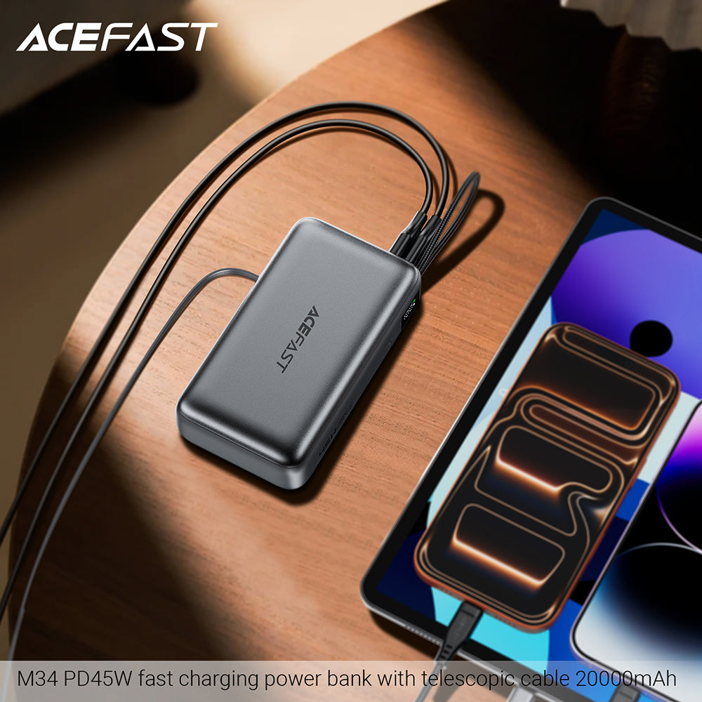 Ekstern batteri Acefast M34, 20000mAh, 45W, QC + PD, 1 x USB-A - 2 x USB-C, Grå