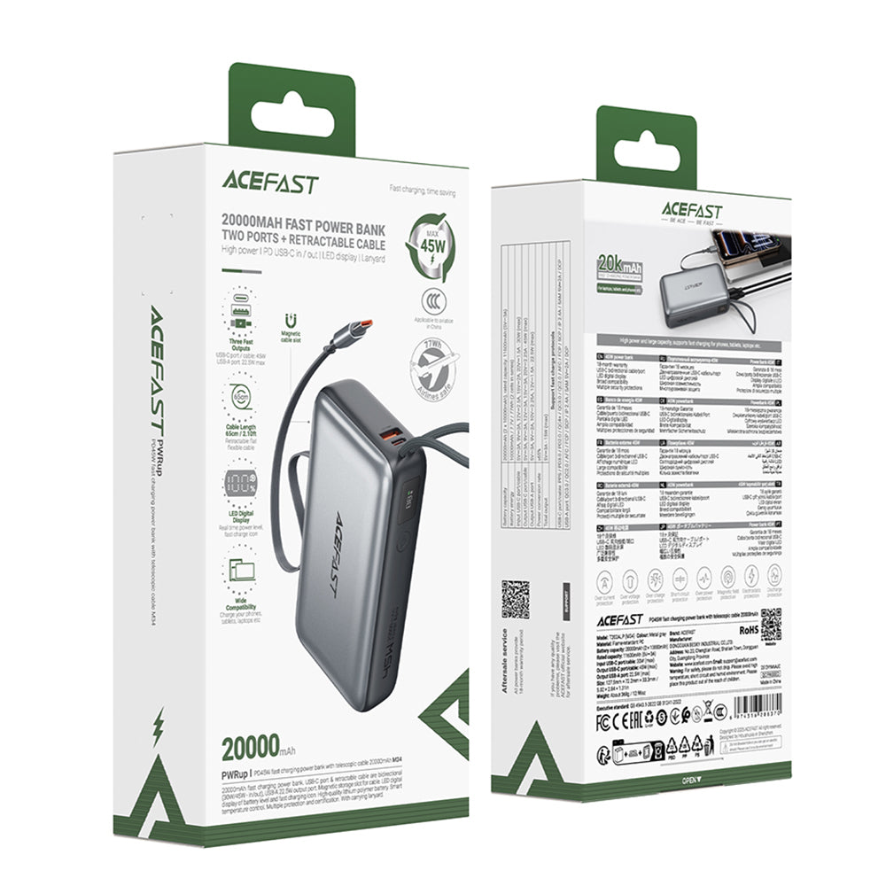 Ekstern batteri Acefast M34, 20000mAh, 45W, QC + PD, 1 x USB-A - 2 x USB-C, Grå