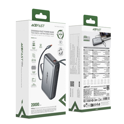 Ekstern batteri Acefast M34, 20000mAh, 45W, QC + PD, 1 x USB-A - 2 x USB-C, Grå