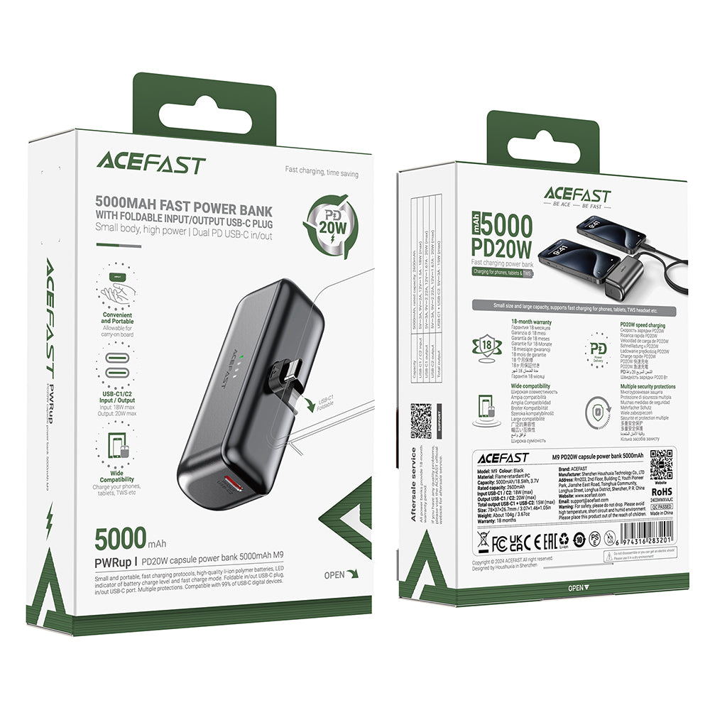 Ekstern batteri Acefast M9, 5000mAh, 20W, PD, 2 x USB-C, svart