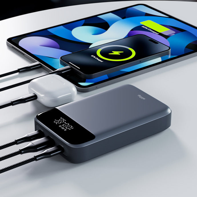 Ekstern batteri Allity. APB-200 PocketPower, 19200mAh, 130W, QC + PD, 1 x USB-A - 2 x USB-C, Grå