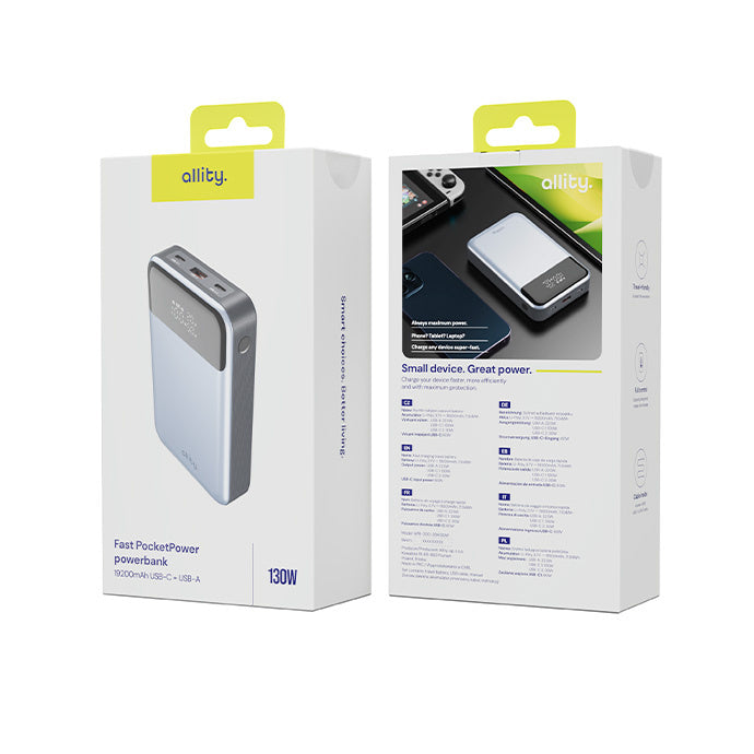 Ekstern batteri Allity. APB-200 PocketPower, 19200mAh, 130W, QC + PD, 1 x USB-A - 2 x USB-C, Grå