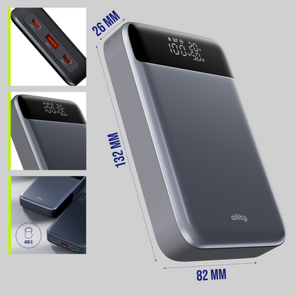Ekstern batteri Allity. APB-200 PocketPower, 19200mAh, 130W, QC + PD, 1 x USB-A - 2 x USB-C, Grå